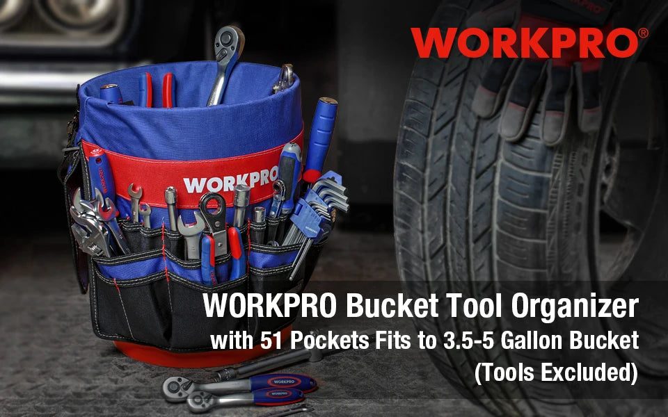 WORKPRO Bucket Tool Organizer 13 to 19L Bucket Boss Portable Foldable Toolbox with 51 Storage Pockets Fits Tools Collection Bag