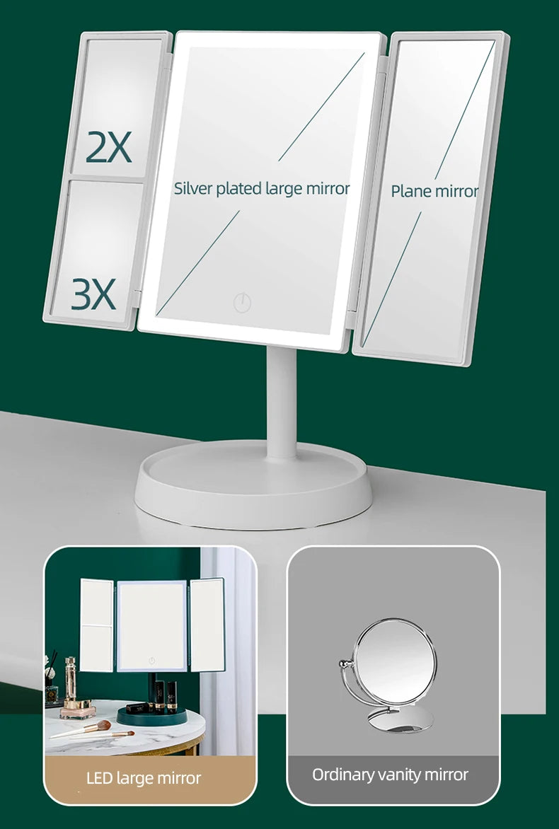 Foldable Makeup Mirror with LED Light 3 Tone Lights Desktop Vanity Mirror 2X/3X Magnifying 360° Adjustable Rechargeable