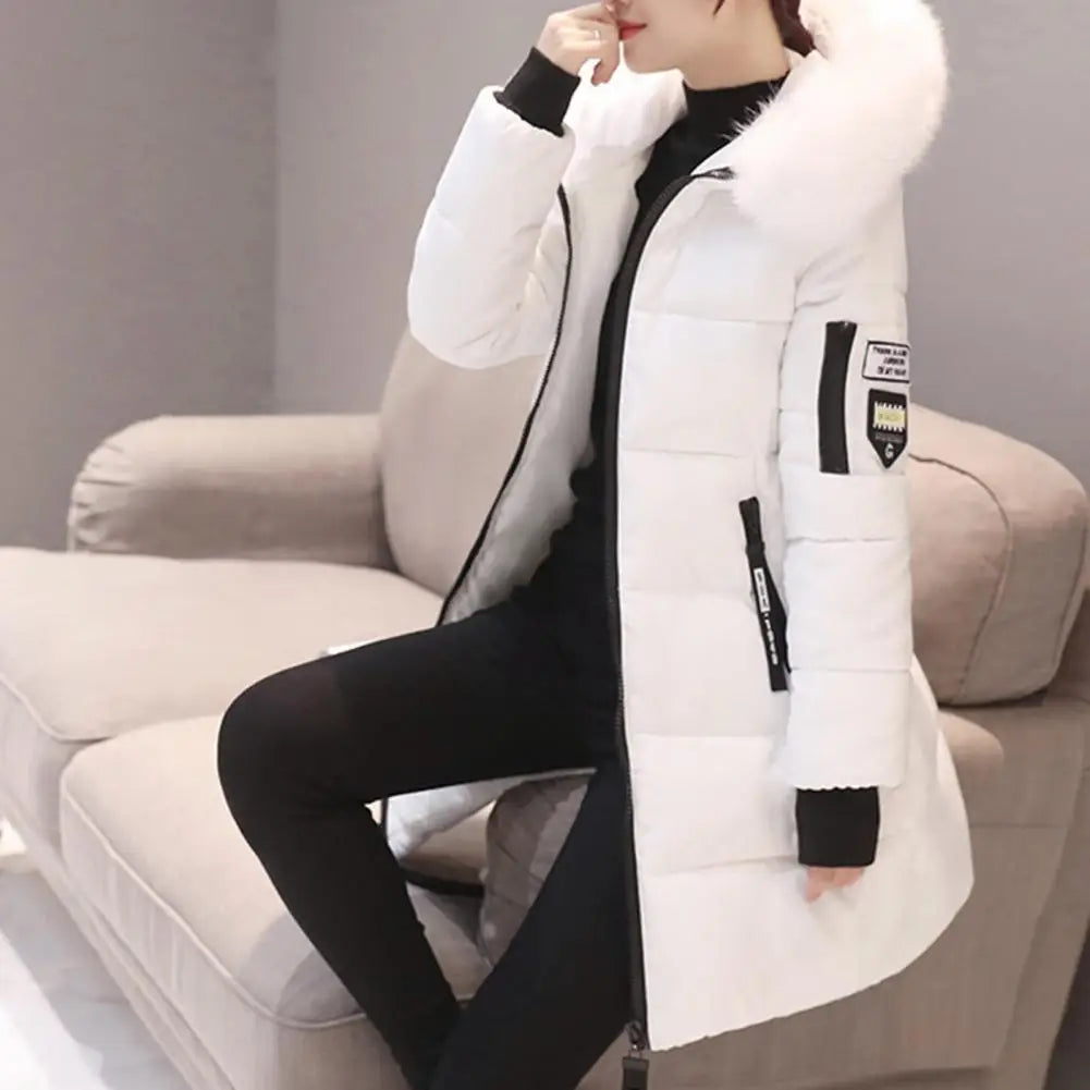 Women Winter Cotton Coat Hooded Mid Length Outerwear Windproof Warm Long Sleeve Jacket Solid Color Slim Fit Lady Down Coat