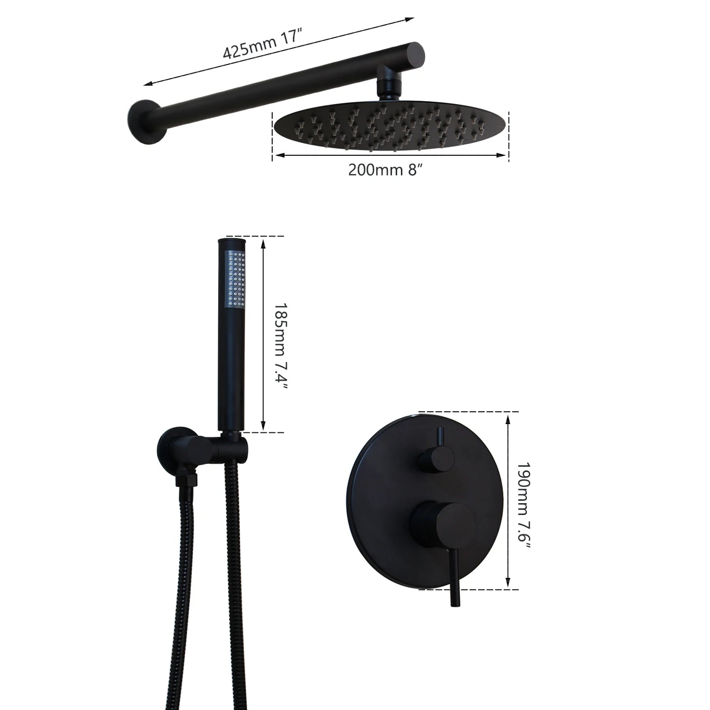 KEMAIDI Black Round Modern Rainfall Shower Systyerm Wall Mounted Bathroom Shower Faucet Sets Shower Head & Hand Shower Set