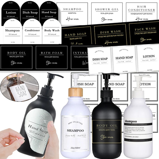 Bathroom Labels Sticker Set  Shampoo and Shower Gel Dish Soap Dispenser Label Removable Waterproof Lotion Label