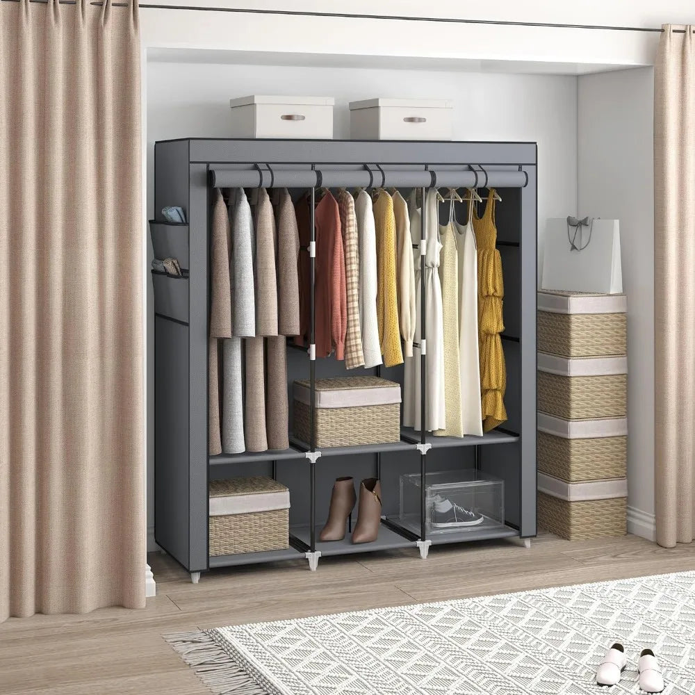 67 in Portable Closet Wardrobe for Hanging Clothes, Wardrobe Closet , 4 Hanging Rods and Side Pockets, 8 Storage Shelves