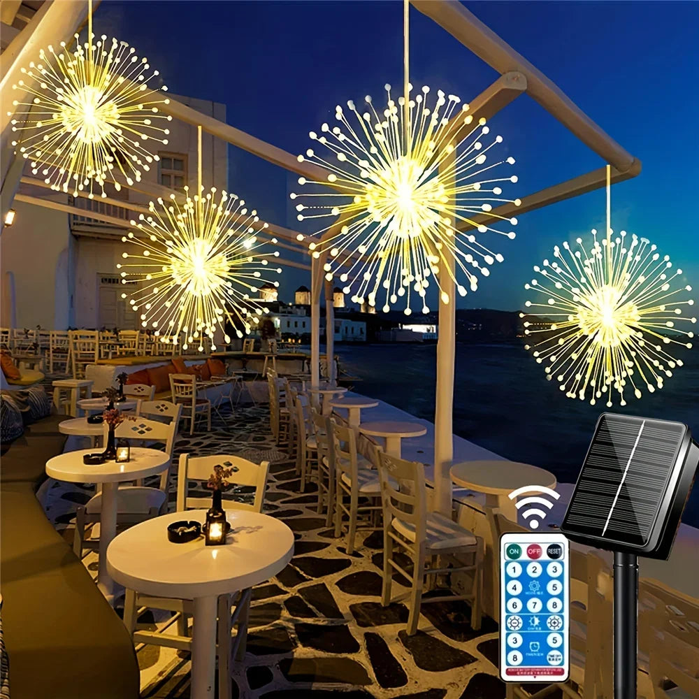 480LED Solar Fireworks Lights Starburst Ball Lamp Remote Control Timer 8 Modes Waterproof Hanging Fairy Lights Yard Party Garden