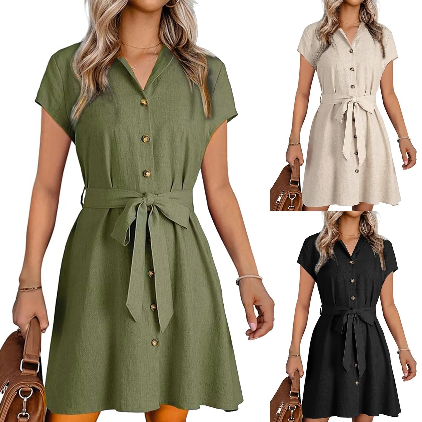 Women's Summer Dress 2024 New Women Lapel Single-breasted Ribbon Women's Summer Sundresses Female Pure Color Commute Dress