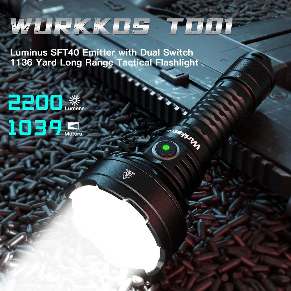 Wurkkos TD01 21700 Rechargeable Tactical Flashlight LED USB-C 2200Lm Torch PMMA Lens Throw 1039M IPX8 Waterproof EDC Tail Switch