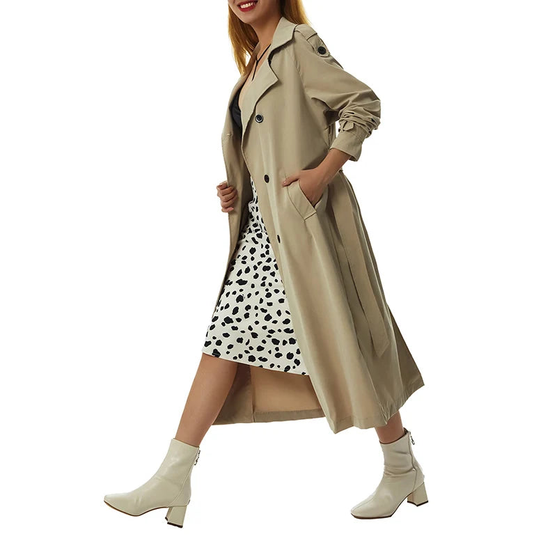 Women Vintage Long Trench Coat Classic Double-Breasted Lapel Long Sleeve Windproof Overcoat with Belt Elegant Jackets Streetwear