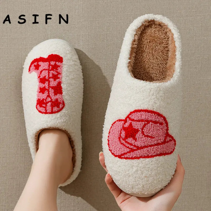 ASIFN Cute Boot Women's Slippers Cowgirl Hat Fluffy Cushion Slides Comfortable Cozy Comfy Smile Houseshoes Laides Winter Shoes