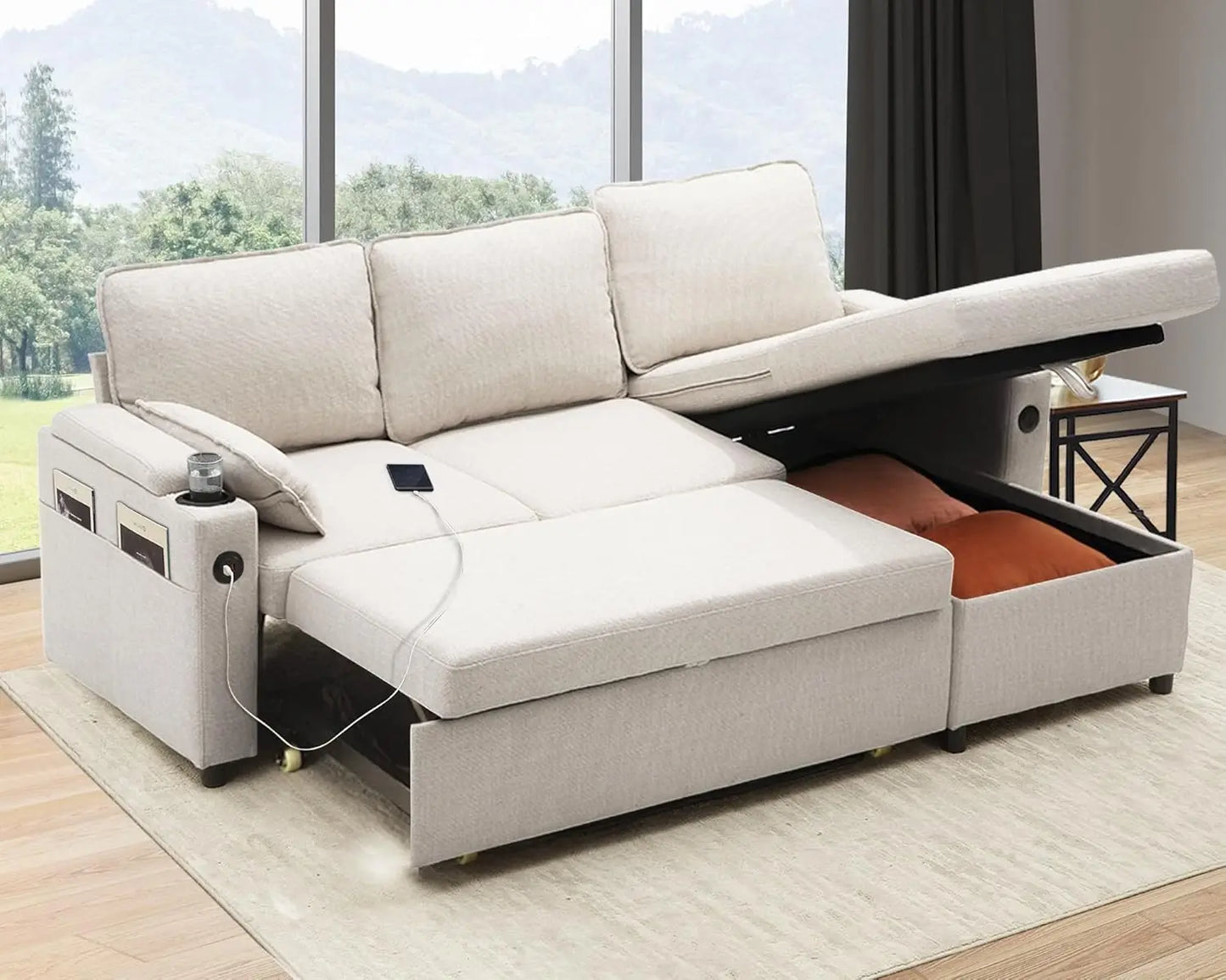 Sofa Bed Sleeper Pull Out 2 in 1 Sectional Sleeper Sofa with Storage,USB, Cup Holder,Pullout Sectional Couches for Apartment