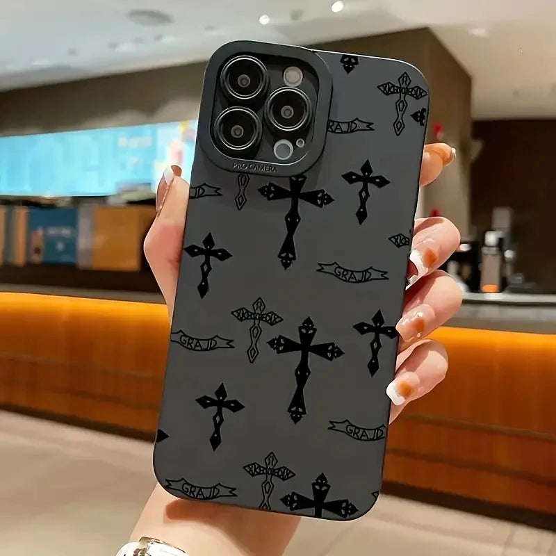 Phone Case For iPhone 16 15 14 11 12 13 Pro Max Mini 7 8 Plus X XR XS Max SE 2020 2022 Black Cross Print Shockproof Soft Cover