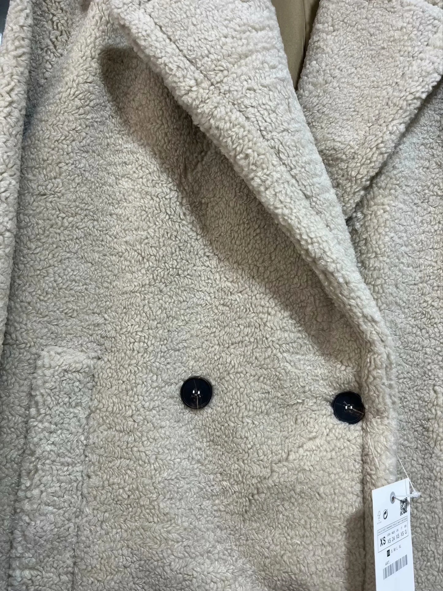 TRAFZA 2024 Winter Women Casual Solid Coat Double Breasted Fleece Coat Loose Fit Long Coat Women Vintage Oversized Long  Jacket