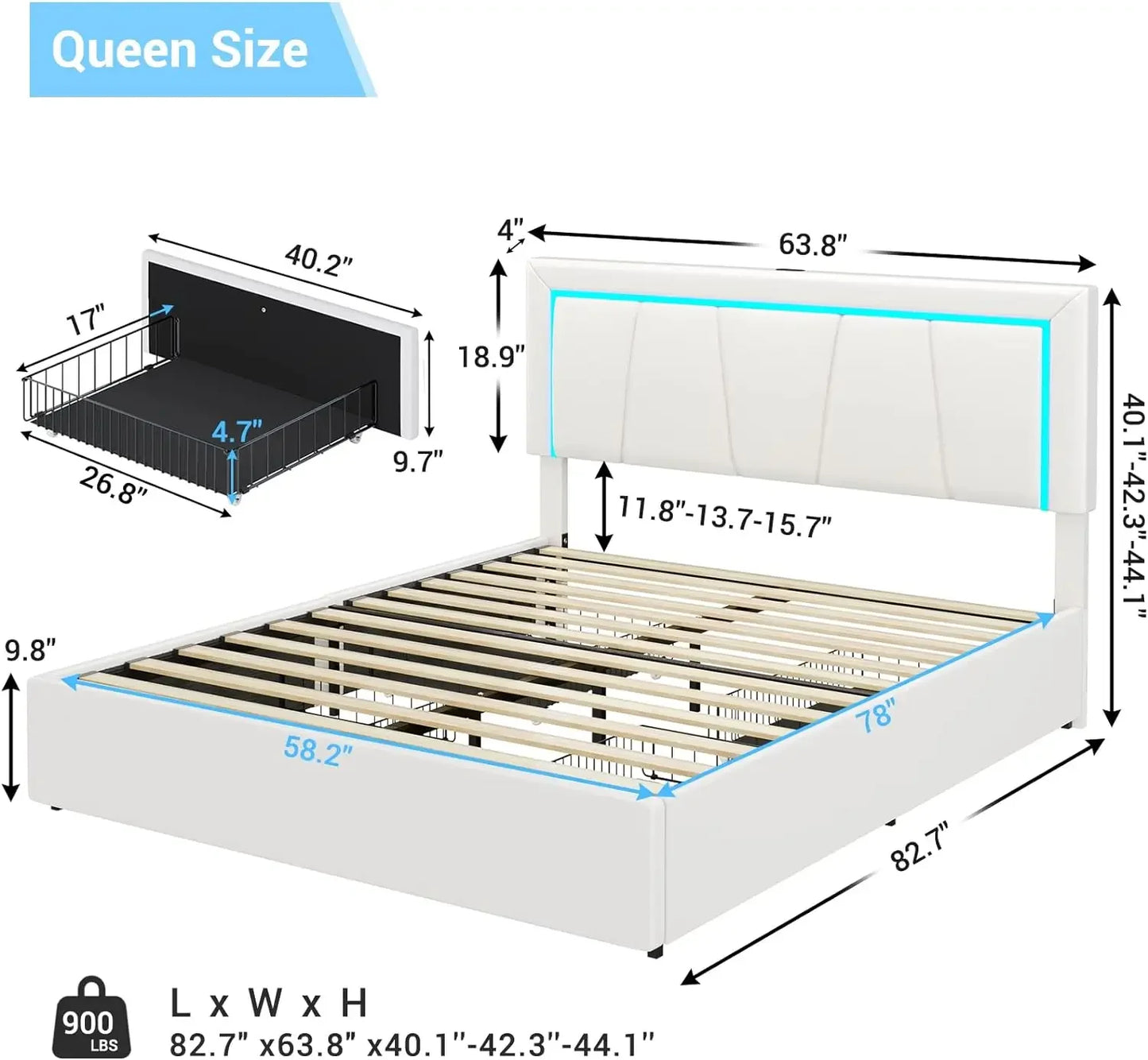 Queen Size LED Bed Frame, with Storage Drawer and USB Port, Modern Faux Leather Upholstered Headboard