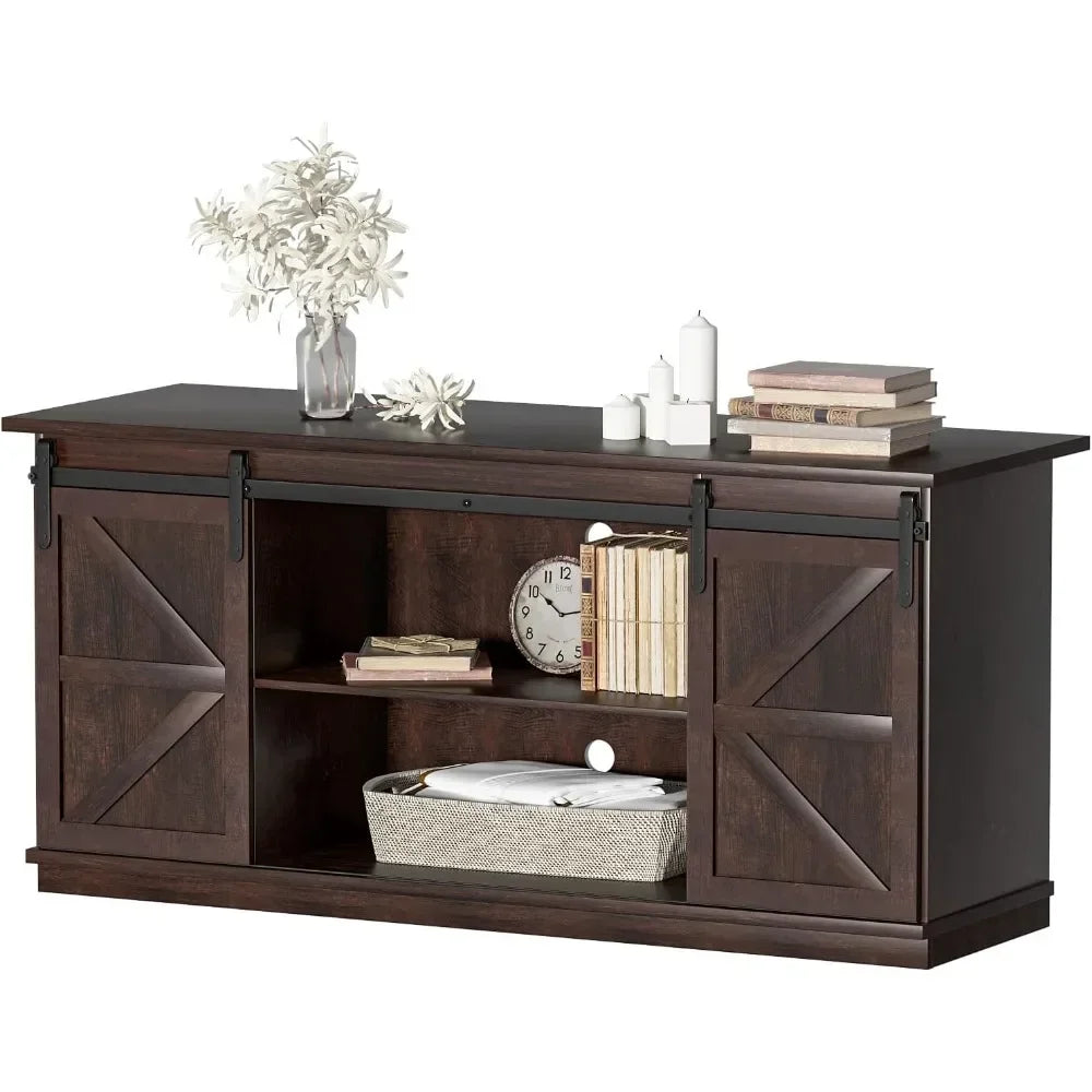 TV Stand for Televisions up to 65 Inchs, with Sliding Barn Doors and Storage Cabinets, Console Table and Media Furniture