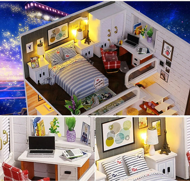 Assemble DIY Wooden House Dollhouse kit Wooden Miniature Doll Houses Miniature Dollhouse toys With Furniture LED Lights Gift