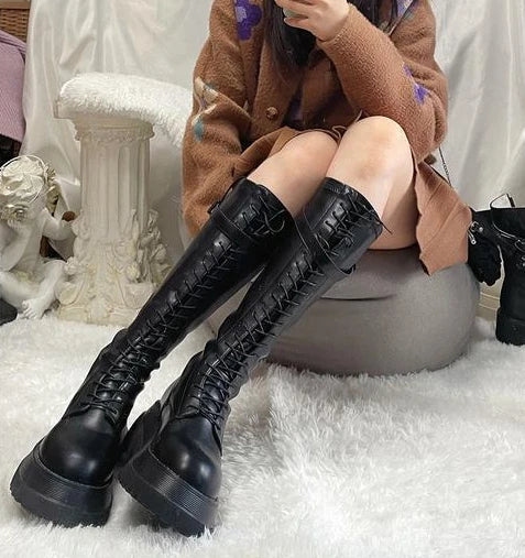 Footwear Lace-up Shoes For Woman Platform Women's Boots With Laces White Long Winter Knee High Shaft Sale Hot Stylish Goth