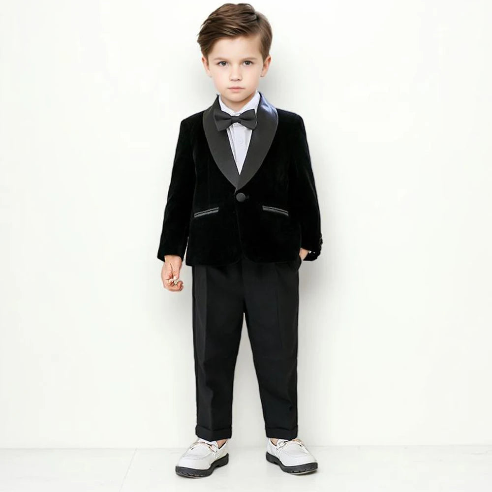 Boys Formal Velvet Suit Set Child Birthday Dress Wedding Party Photography Piano Recital Costume Kids Blazer Pants Bowtie Outfit