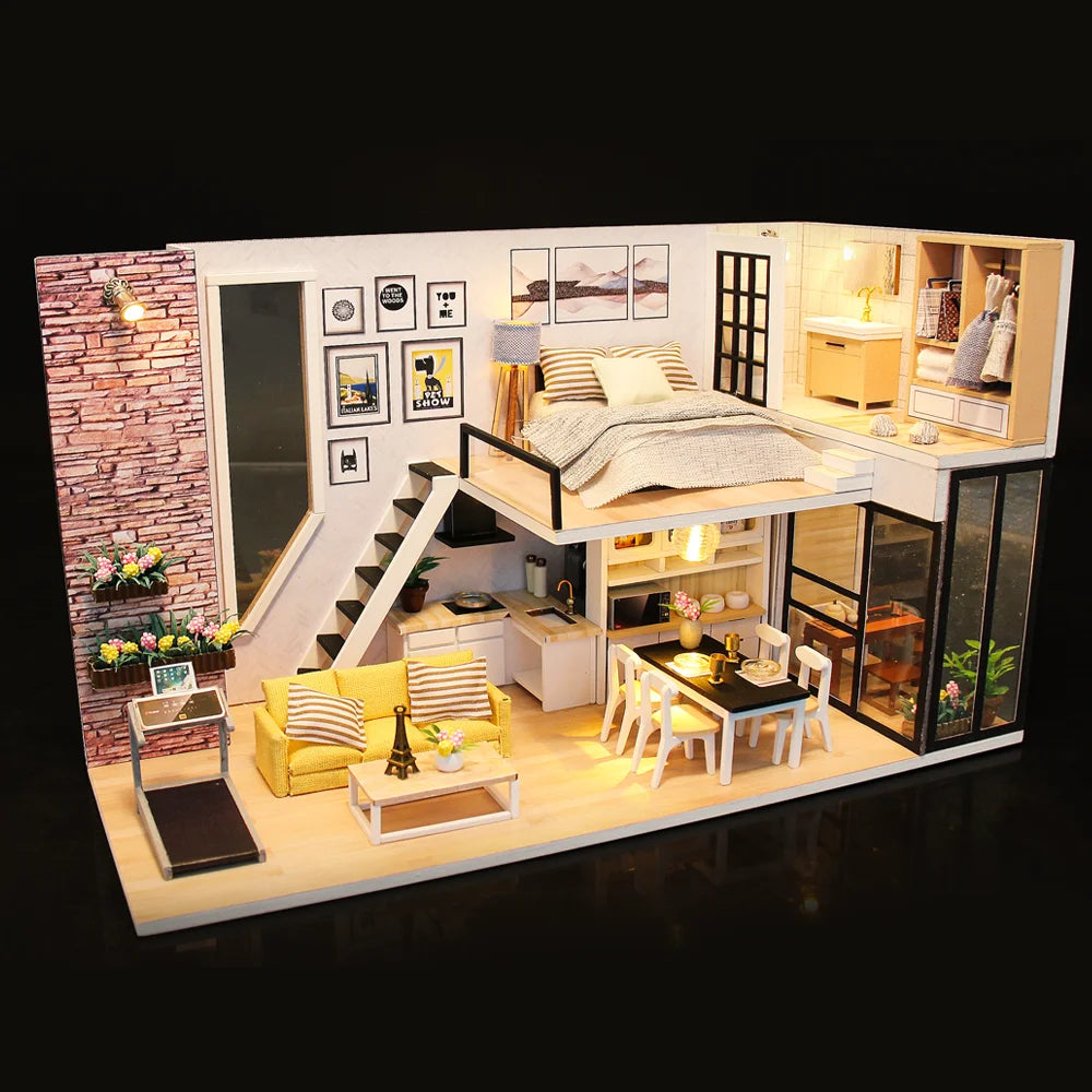 Assemble DIY Wooden House Dollhouse kit Wooden Miniature Doll Houses Miniature Dollhouse toys With Furniture LED Lights Gift