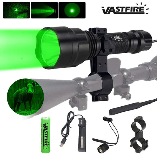 C8 Professional Tactical Flashlight Green/Red/White LED Hunting Torch 1-Mode Torch+18650+Charger+Remote Switch+Rifle Scope Mount