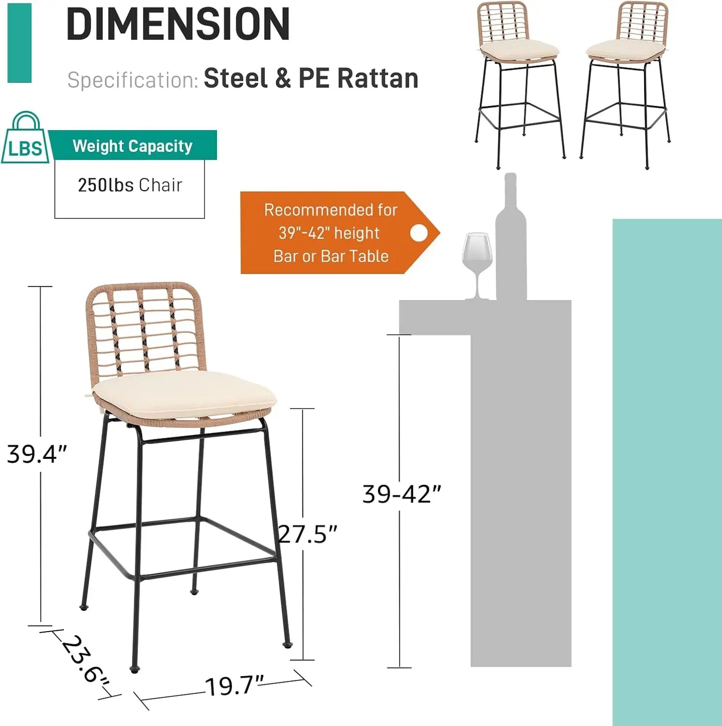 Outdoor Bar Stools Set of Height Stools & Bar Chairs Rattan Bar Set Patio Furniture for Garden,Pool, Indoor,Cafe,Kitchen