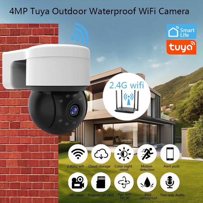 4MP Security Tuya Cameras WiFi Outdoor HD Full Color Night Vision Waterproof Wireless Surveillance Camera with Baby Monitor