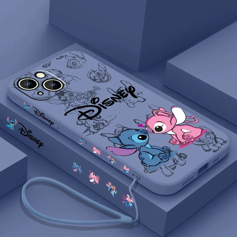 Disney Super Cute Stitch Phone Case For Apple iPhone 15 14 13 12 11 Pro Max Plus 8 7 SE Liquid Left Rope Soft Cover