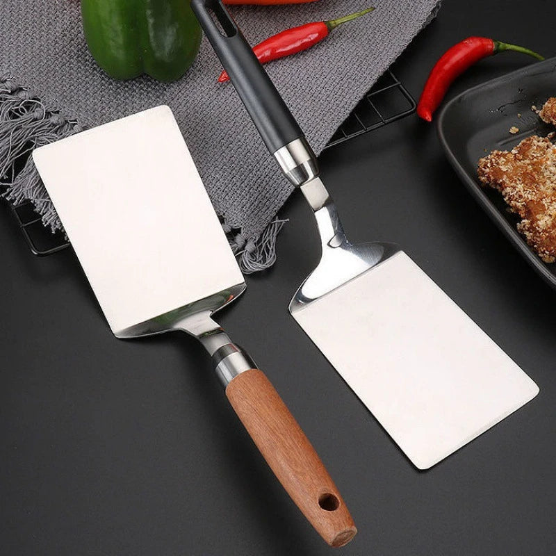 Stainless Steel Square Head Steak Cooking Spatula Wood Handle  Pizza Shovel Pancake Beef Turner Scraper BBQ Utensils For Kitchen