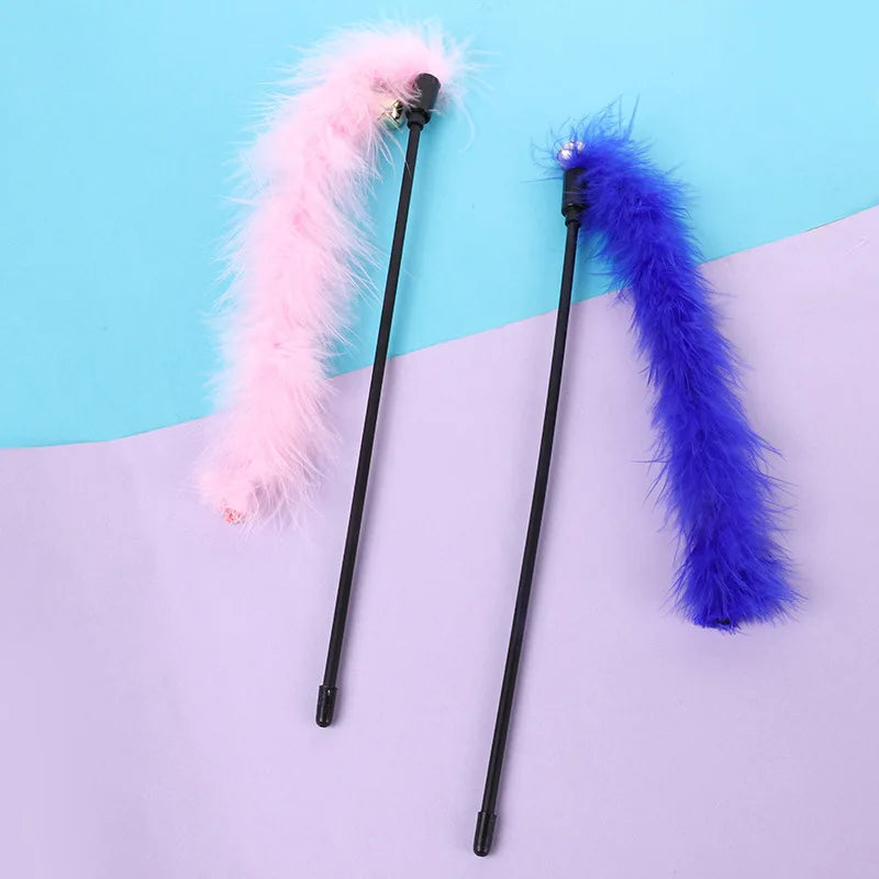 Funny Kitten Cat Teaser Interactive Toy Rod with Bell and Feather Toys for Pet Cats Stick Wire Chaser Wand Toy Cat Random Color