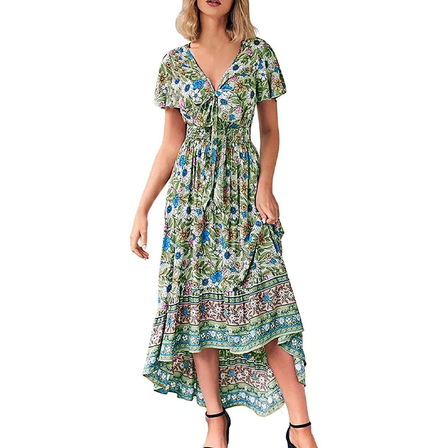 Boho Floral Print Long Dress Women Summer Beach Sundress Sexy Short Sleeve V Neck Ruffle Pleated Dress Bohemian Casual Dresses