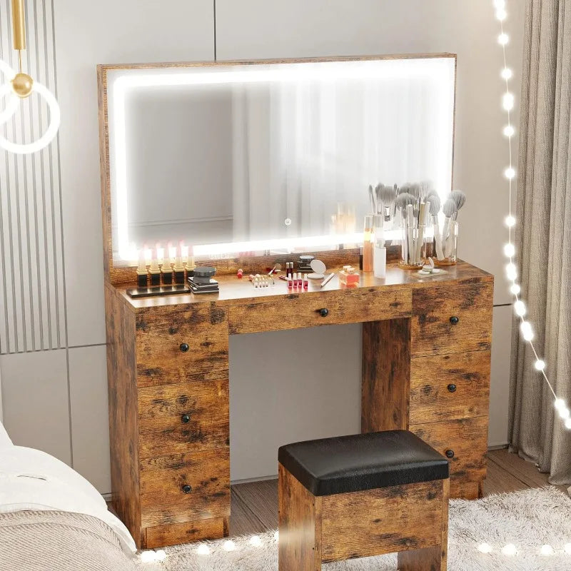 Vanity Desk Set with LED Lighted Mirror & Power Outlet, 7 Drawers Makeup Vanities Dressing Table with Stool, for Bedroom