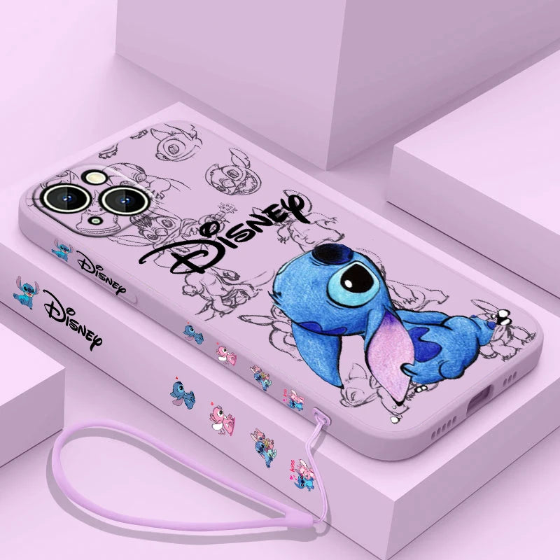 Disney Super Cute Stitch Phone Case For Apple iPhone 15 14 13 12 11 Pro Max Plus 8 7 SE Liquid Left Rope Soft Cover