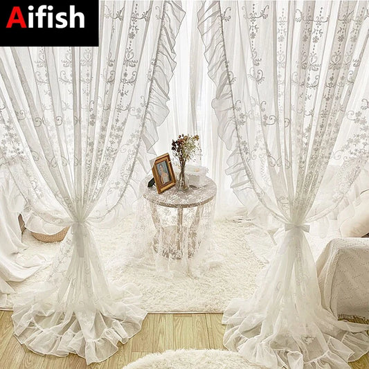 White Linen Sheer Embroidered Tulle Curtain for Girl Princess Bedroom French Romantic Ruffled Lace Voile Window Decoration Drape