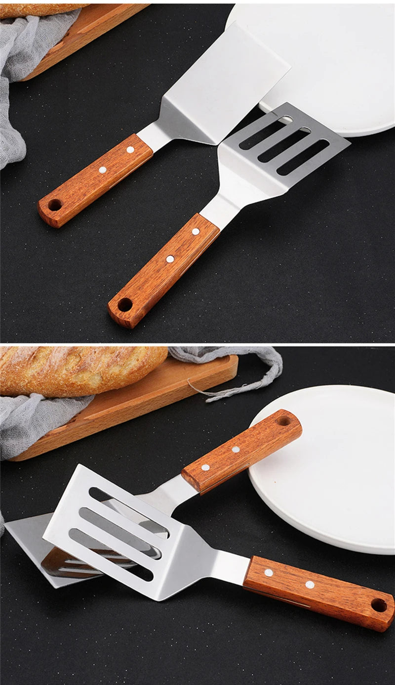 Stainless Steel Wooden Handle Cooking Spatula Steak Pancake Frying Shovel Teppanyaki Scraper Barbecue Tool Kitchen Accessories