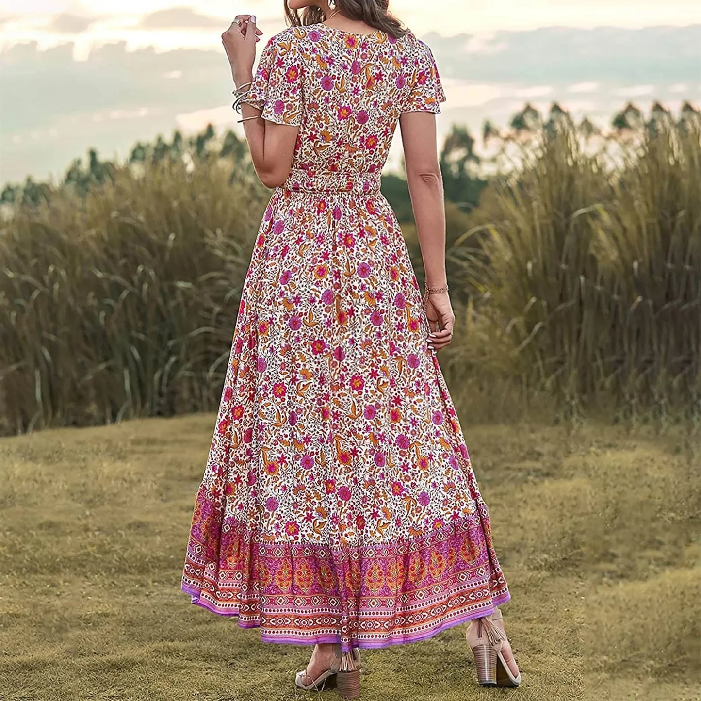 Boho Floral Print Long Dress Women Summer Beach Sundress Sexy Short Sleeve V Neck Ruffle Pleated Dress Bohemian Casual Dresses