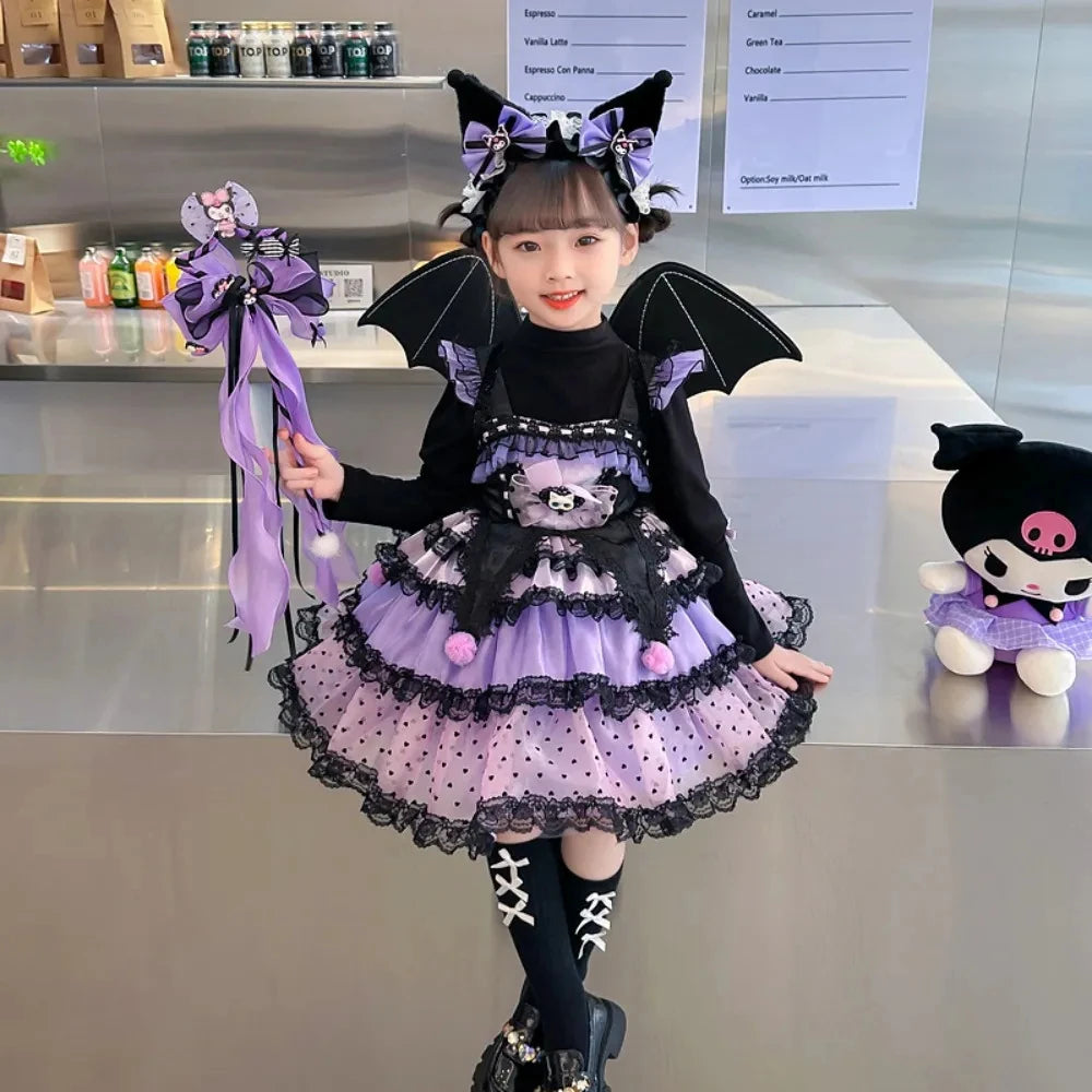 Sanrio Kuromi Spring and Autumn Girl Cute Cartoon Dress Lolita Birthday Party Role Play Tutu Dress Child Dress Gift Christmas