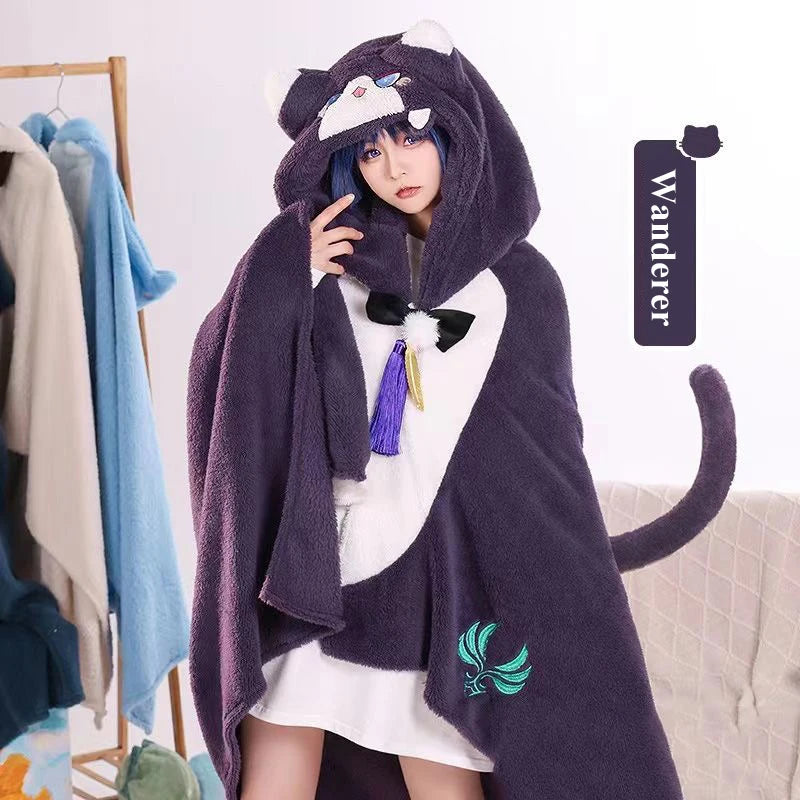 Genshin Impact Xiao Hutao Ghost Wanderer Traveler Kazuha Cosplay Blanket Cloak Cape Funny Fleece Pajamas Anime Costume Hoodie