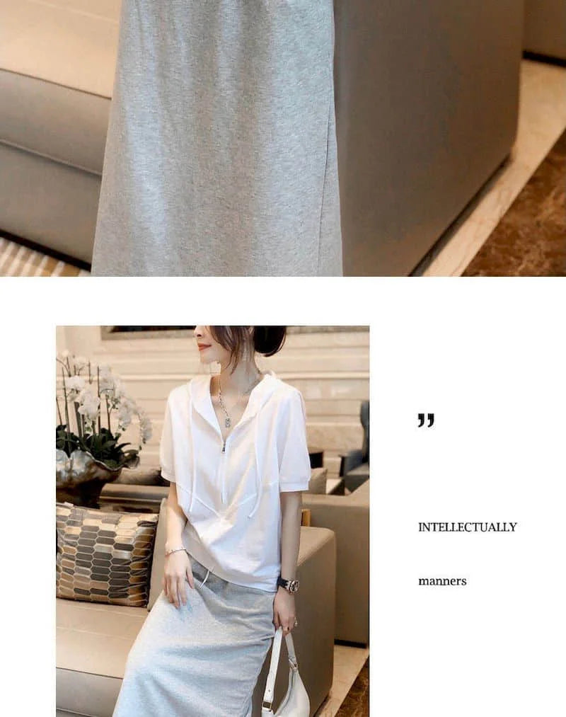 2024 Summer Hooded T-shirt Women Korean Loose All-match White Casual Tops Stitching Cotton Short-sleeved T Shirt Women's Trend