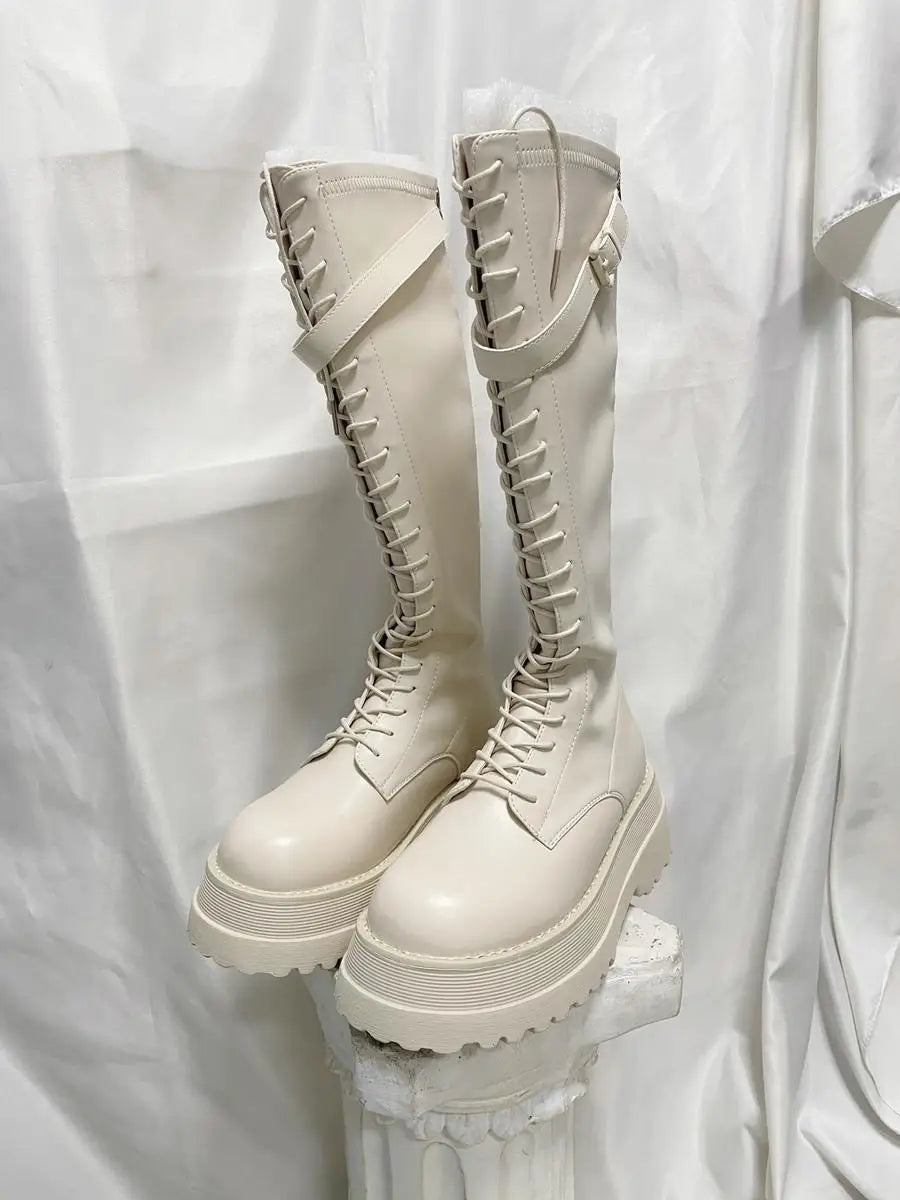 Footwear Lace-up Shoes For Woman Platform Women's Boots With Laces White Long Winter Knee High Shaft Sale Hot Stylish Goth