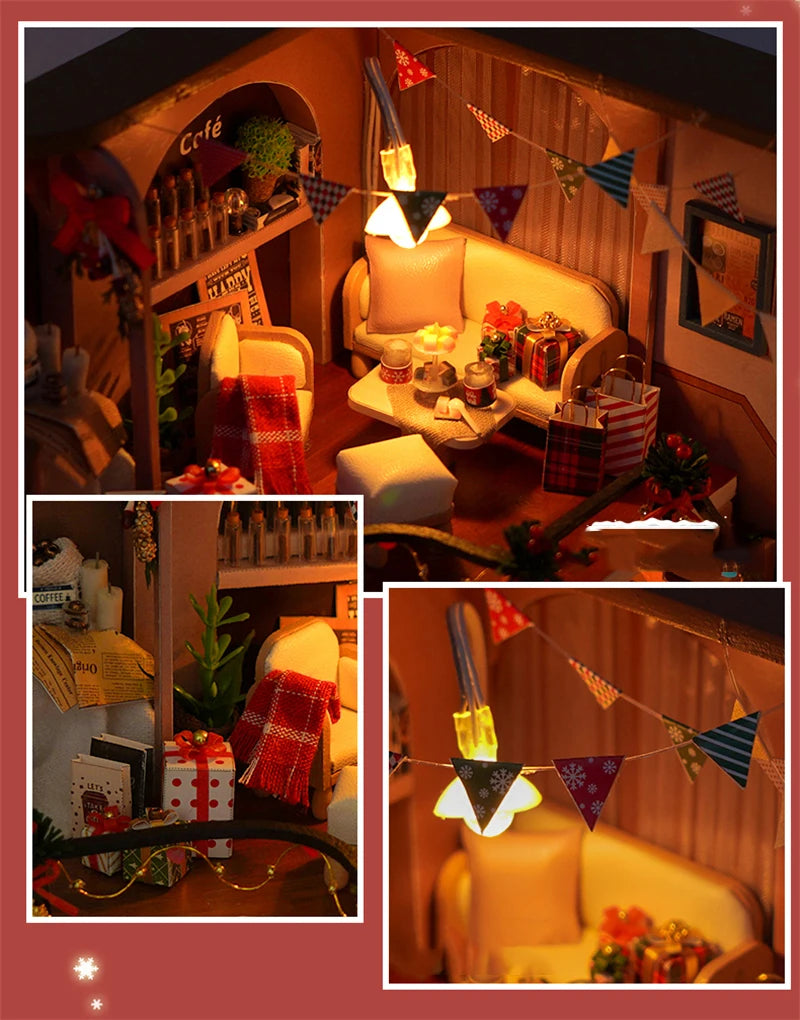 DIY Wooden Doll Houses Christmas Coffee Shop Casa Miniature Building Kit Villa Dollhouse with Furniture Led Light for Girls Gift