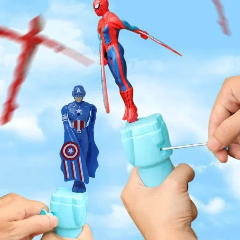 Anime Spiderman Bamboo Dragonfly Flying Toy Iron Man Captain Rotating String Flying Toys Outdoor Toy for Boys Children Gift