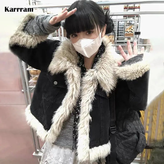 Karrram Y2k Aesthetics Black Denim Coat Grunge Fairycore Jeans Fur Jacket 2000s Harajuku Winter Coat Patchwork Vintage Korean