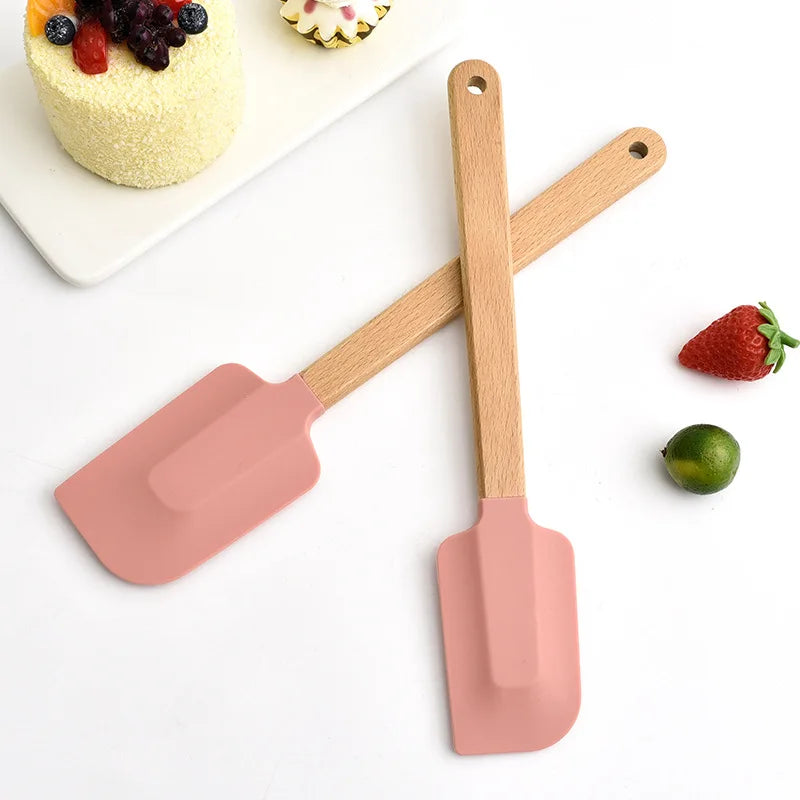 2Pcs/Set White Silicone Cream Spatula Non-stick Pastry Blenders Wood Handle Chocolate Butter Baking Scraper Kitchen Cake Mixer