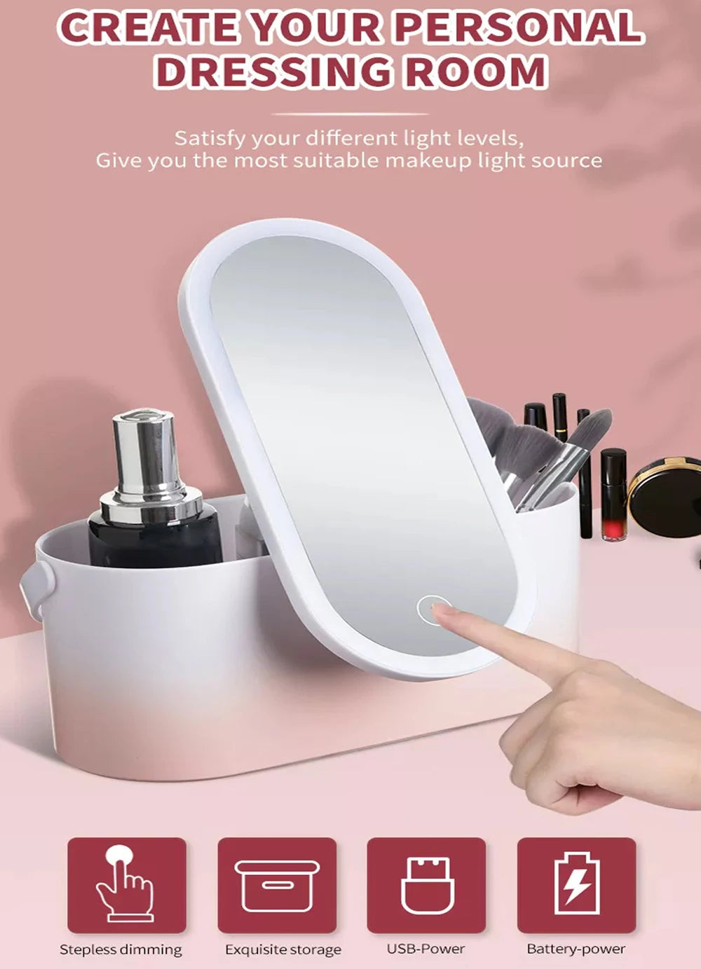 Lighted Makeup Vanity Mirror With Makeup Storage Case Rechargeable LED Light Desktop Makeup Mirror Portable Makeup Beauty Box