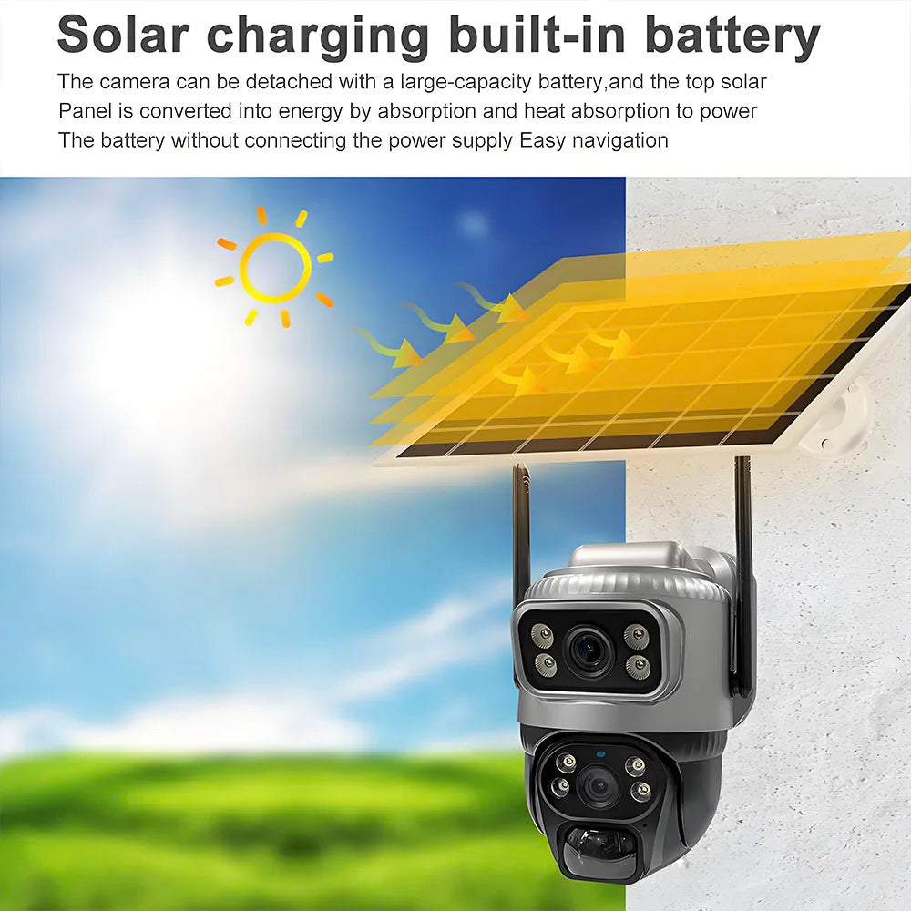 Solar Camera Outdoor Dual Lens 8MP 4G SIM IP 8000mAh Batteries Wireless Video Surveillance V380 Security Protection 360 CCTV