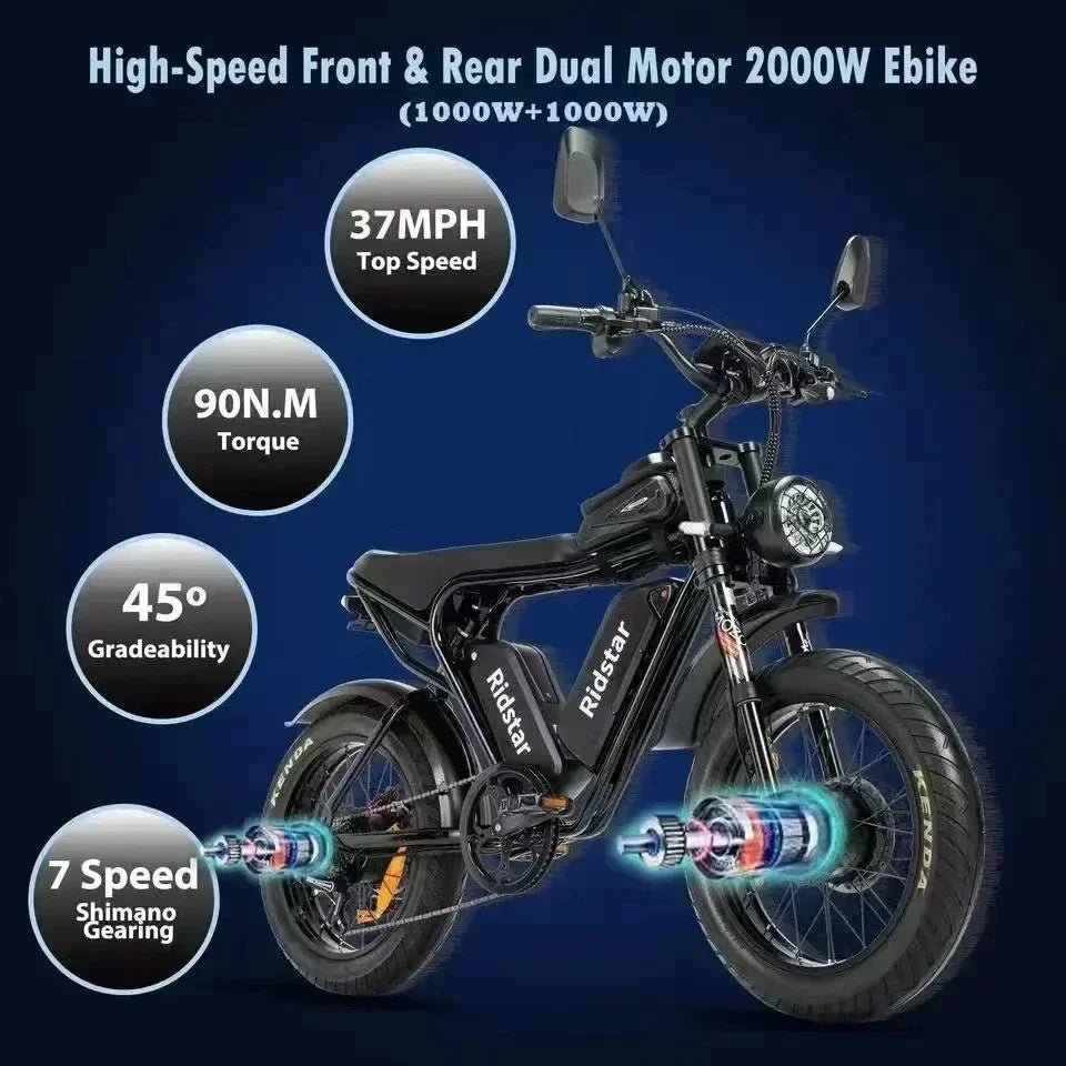 Electric Bicycle 2000W Powerful Motor 52V40AH Removable Battery Oil Brake 20*4.0inch Fat Tire Ebike Snow Mountain Electric Bike