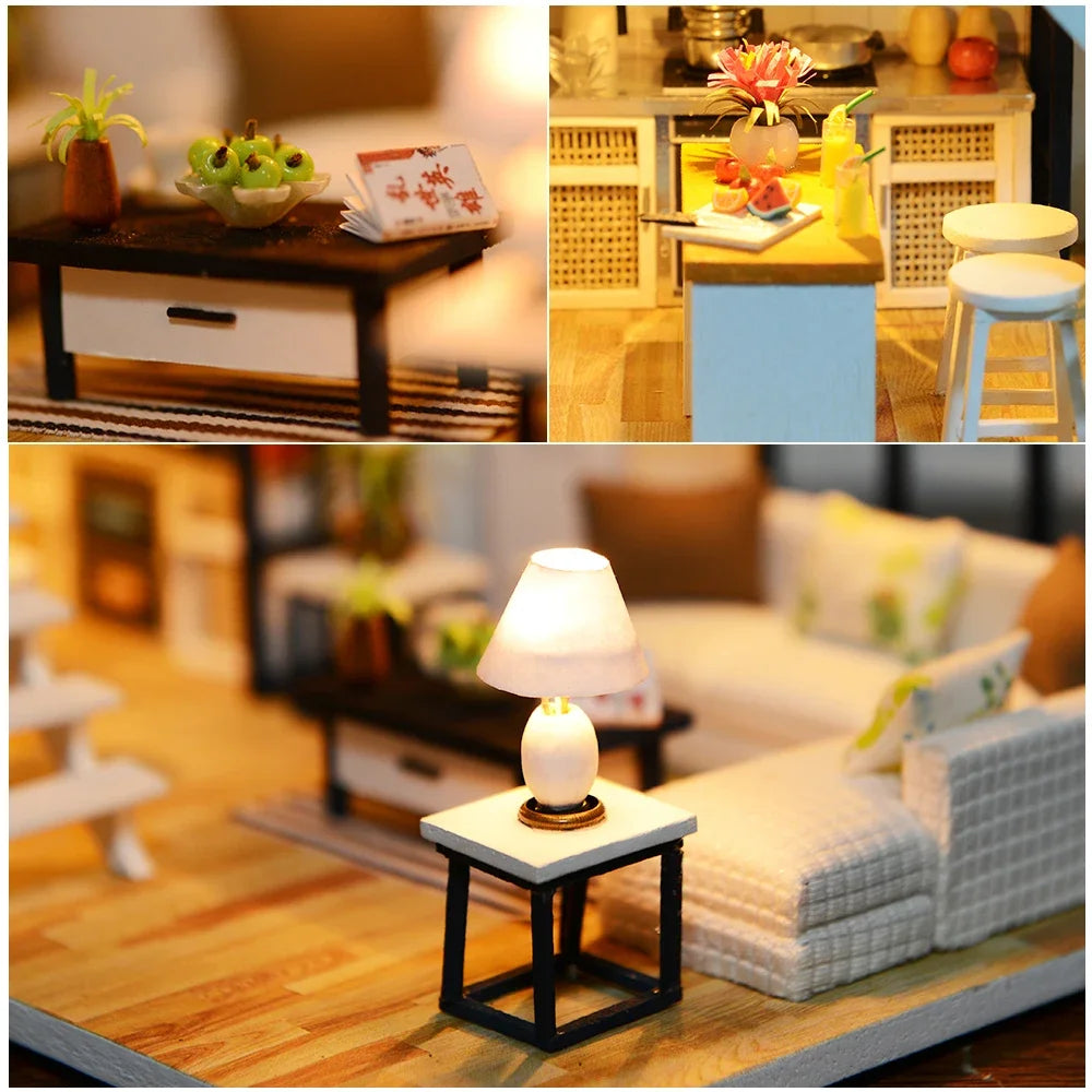 Assemble DIY Wooden House Dollhouse kit Wooden Miniature Doll Houses Miniature Dollhouse toys With Furniture LED Lights Gift