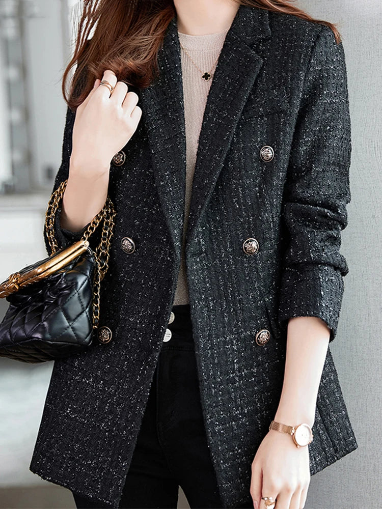 CJFHJE Navy Blue Winter Tweed Blazers Coat Women Thick Warm Long Sleeve Button Elegant Lady Jacket Coat Double-Breasted Overcoat