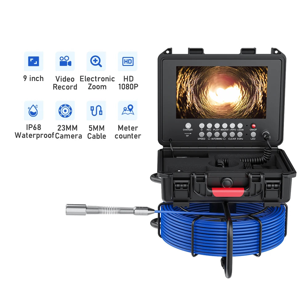 9in HD Wireless WiFi/DVR Distance Counter Sewer Pipe Inspection Camera Video Camera,Drain Industrial Endoscope with Meter Meter