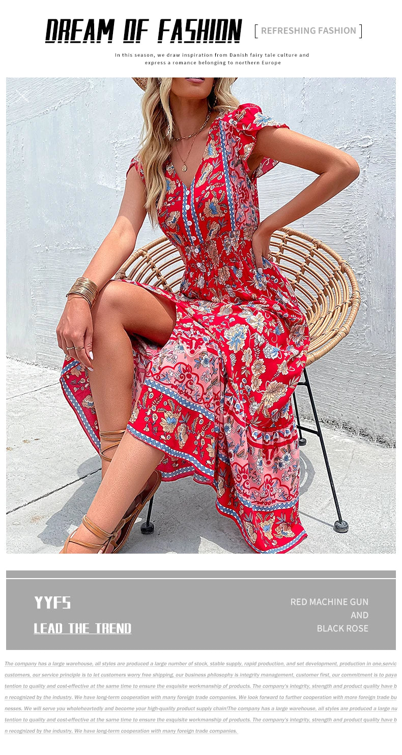 Vintage Floral Boho Printed Vestidos Women Short Sleeves V Neck Slit Midi Dresses A Line Bohemian Summer Beach Dress