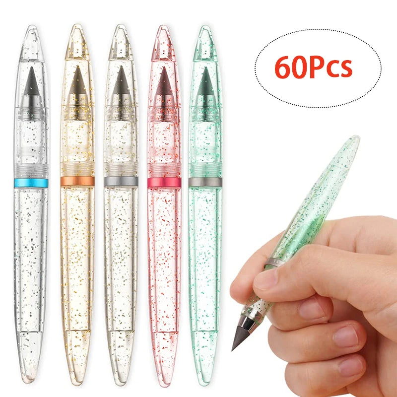 60pcs Durable Unlimited Writing Inkless Pen HB Forever Pencil Acrylic Pen No Dirty Erasable Drawing Office School Stationary