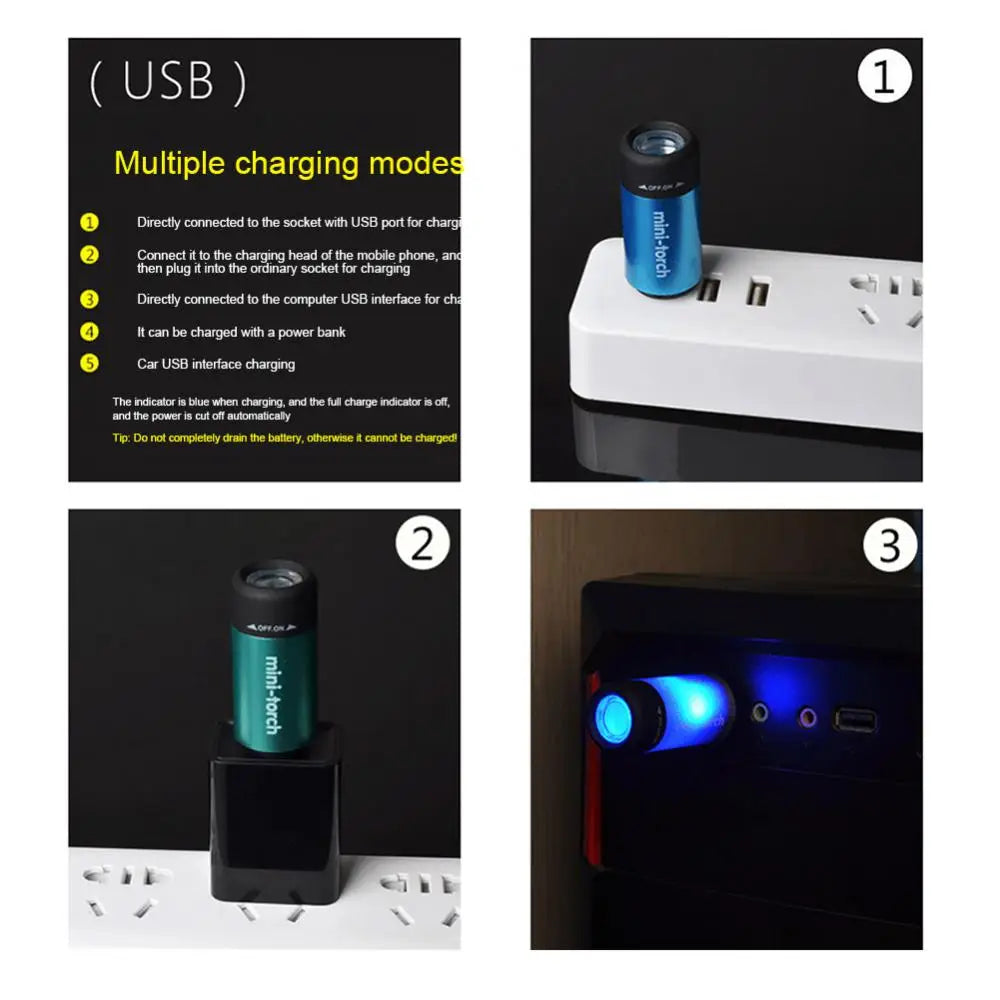 LED Mini Torch Light USB Charging Waterproof Flashlight Outdoor Emergency Lights Keychain Lamp Hiking Camping Portable Lighting