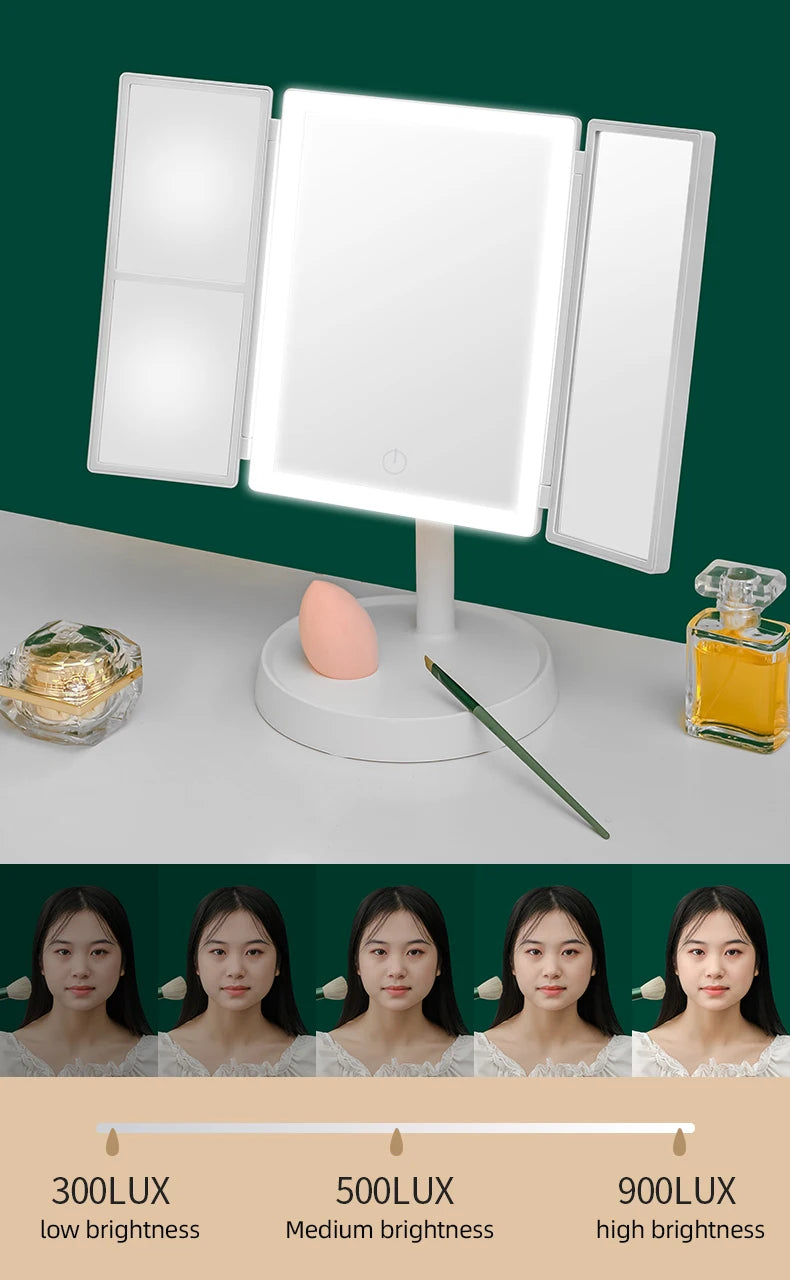 Foldable Makeup Mirror with LED Light 3 Tone Lights Desktop Vanity Mirror 2X/3X Magnifying 360° Adjustable Rechargeable